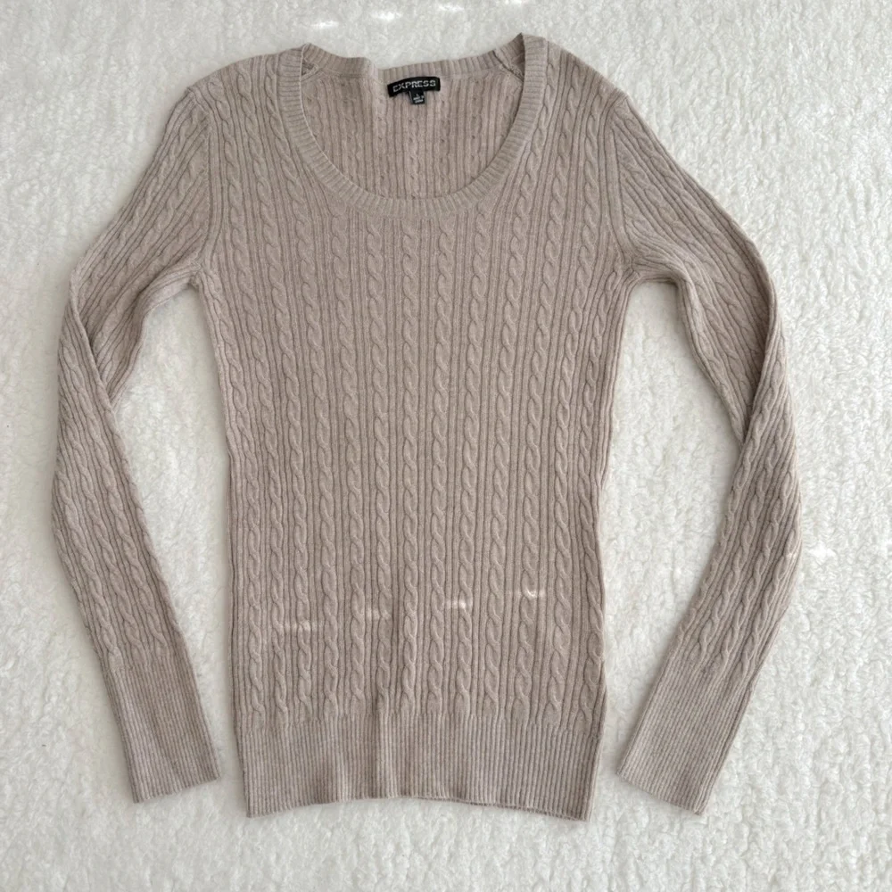 Express NWOT Women's 100% Cashmere Crew Neck Cable Knit Sweater, Tan, Large